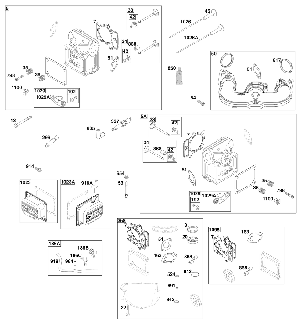 Cylinder Head Group Diagram and Parts List for 44N677-0062-B5 400000 - 699999 Briggs and Stratton Engine